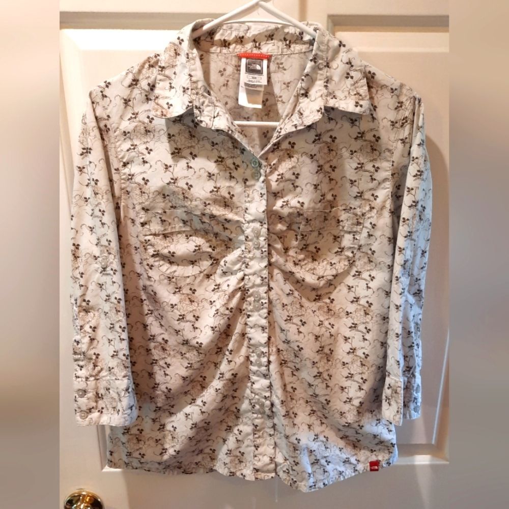 The North Face Shirt Womans Medium White Brown Floral Outdoor Nature Preppy
